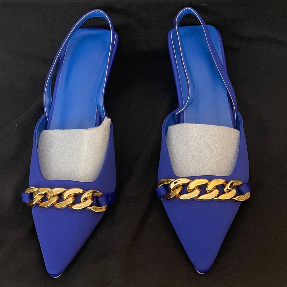 Elegant Blue Slingback Heels with Gold Chain